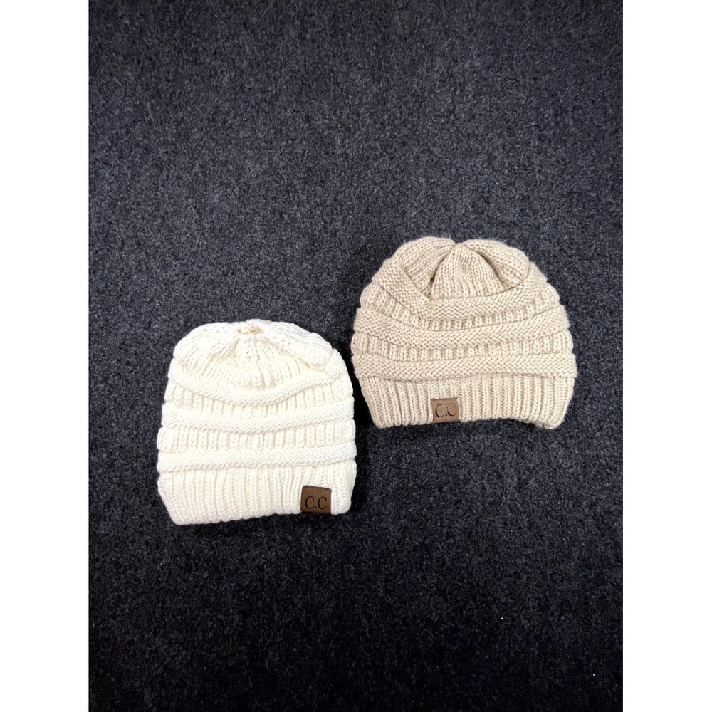 C.C Beanie Hat Womens Ivory Beige Knit Slouchy Ribbed Warm Winter Caps Lot Of 2